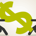 A group of people pushing each other with a dollar sign.
