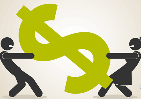 A group of people pushing each other with a dollar sign.