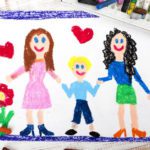 Child's drawing of family with hearts.