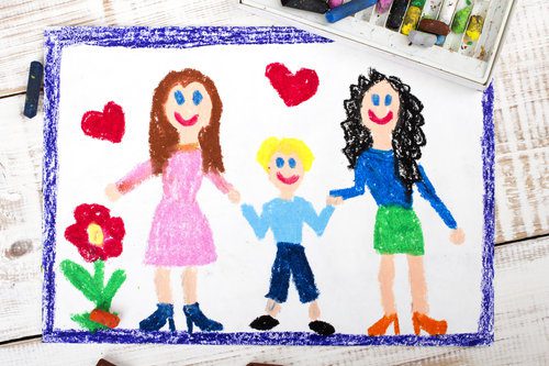 Child's drawing of family with hearts.