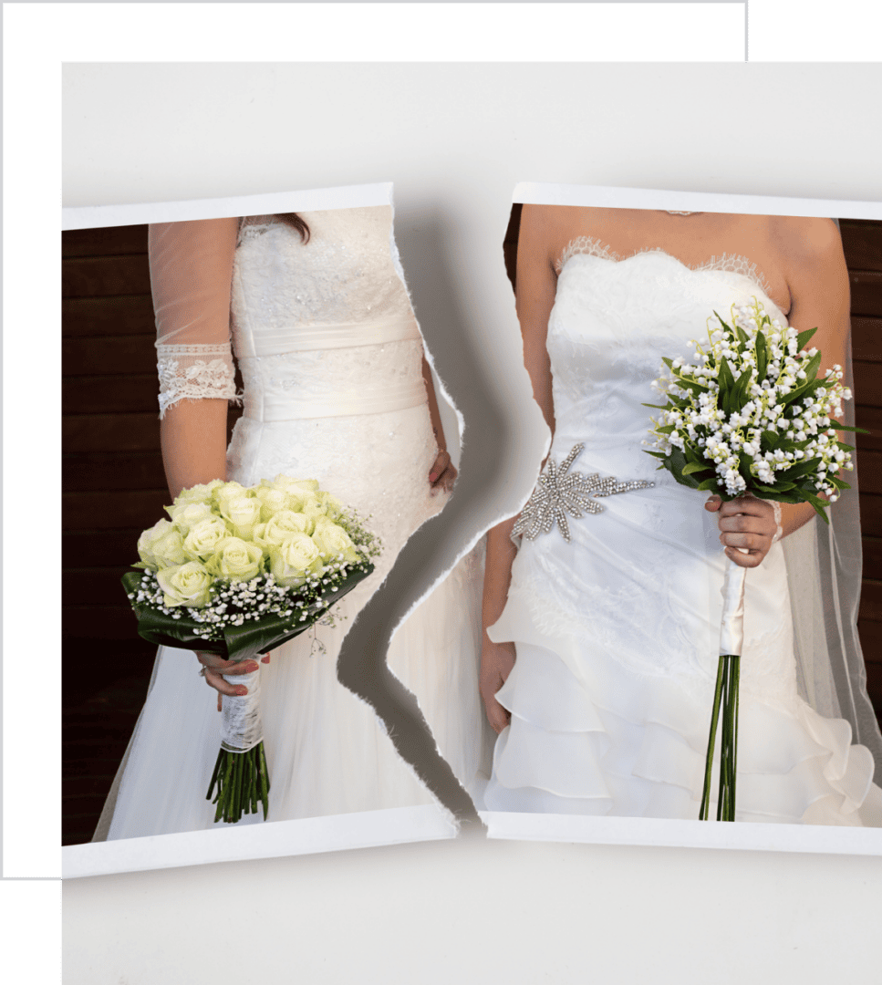 Torn wedding photo with two brides holding bouquets.